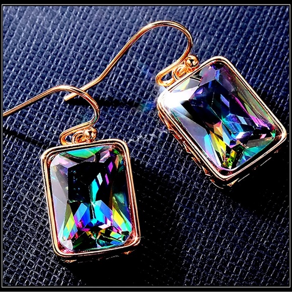 NEW 14K GOLD MYSTIC TOPAZ COLORFUL PRISM SQUARE FILIGREE EARRINGS - Picture 3 of 7